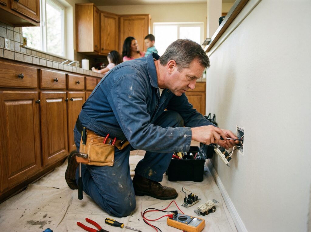 en elektriker står på knä i ett kök och byter vägguttag i Bromma
