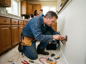 en elektriker står på knä i ett kök och byter vägguttag i Bromma